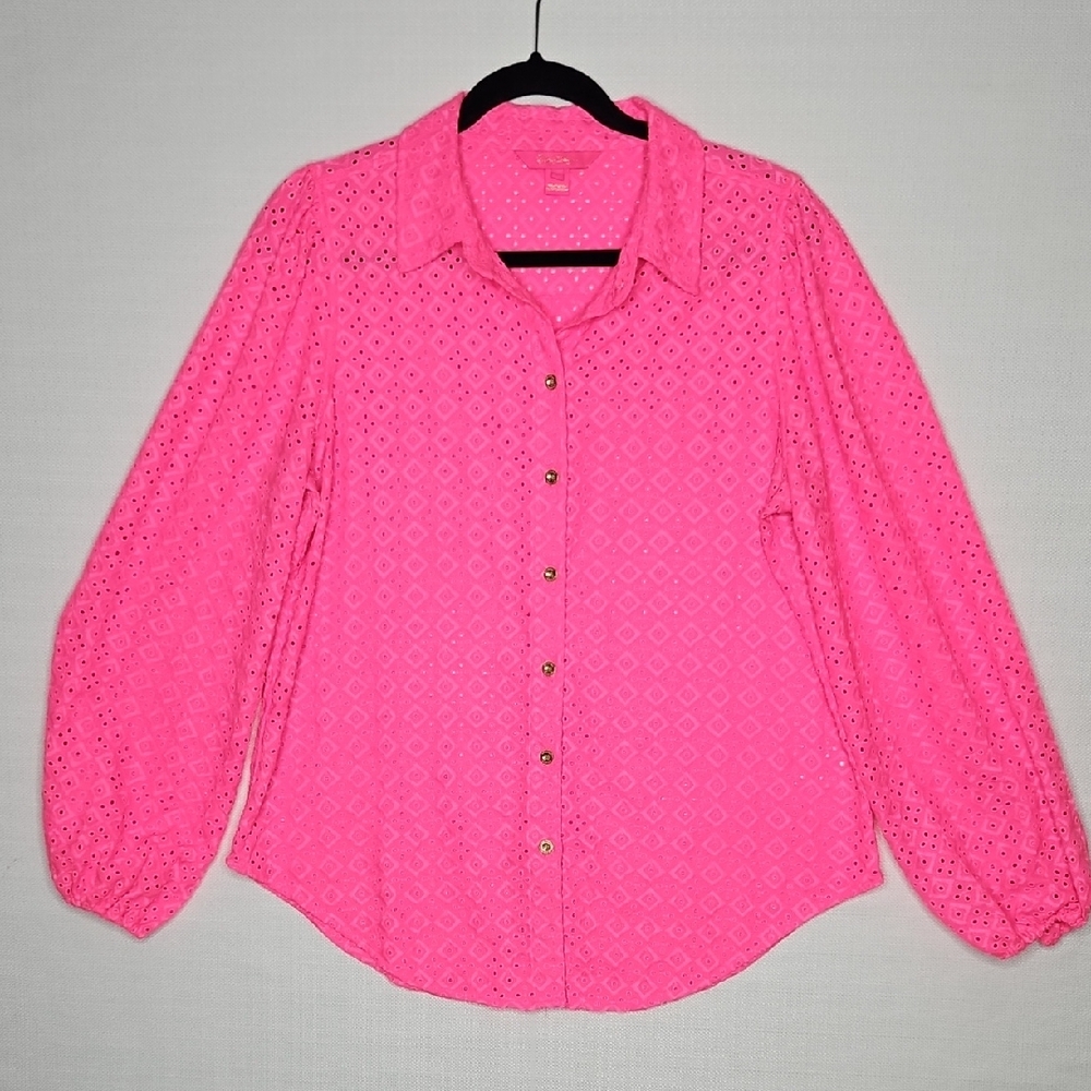 Lilly Pulitzer Sea Breeze Vibrant Pink‎ Eyelet Button-Down Blouse Size Large